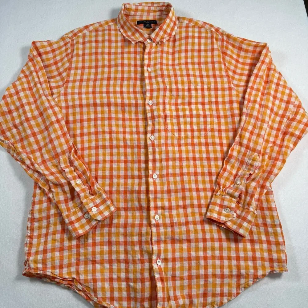 Banana republic linen orange gingham button up shirt Mens size large